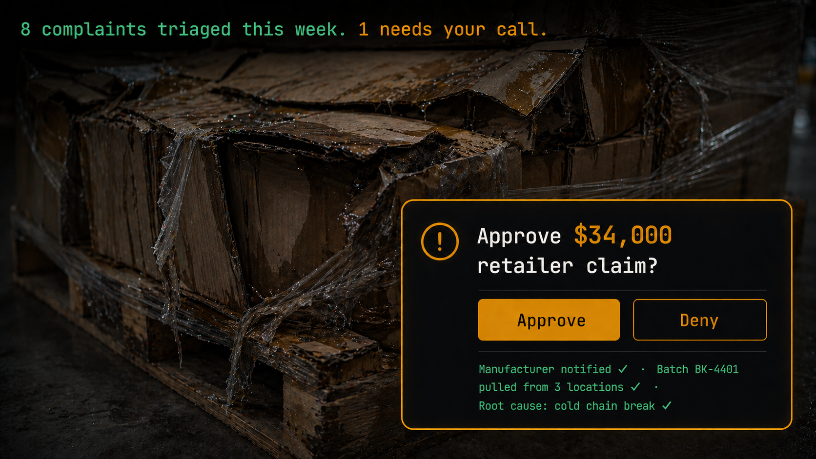 Complaint triage dashboard showing damaged shipment claim