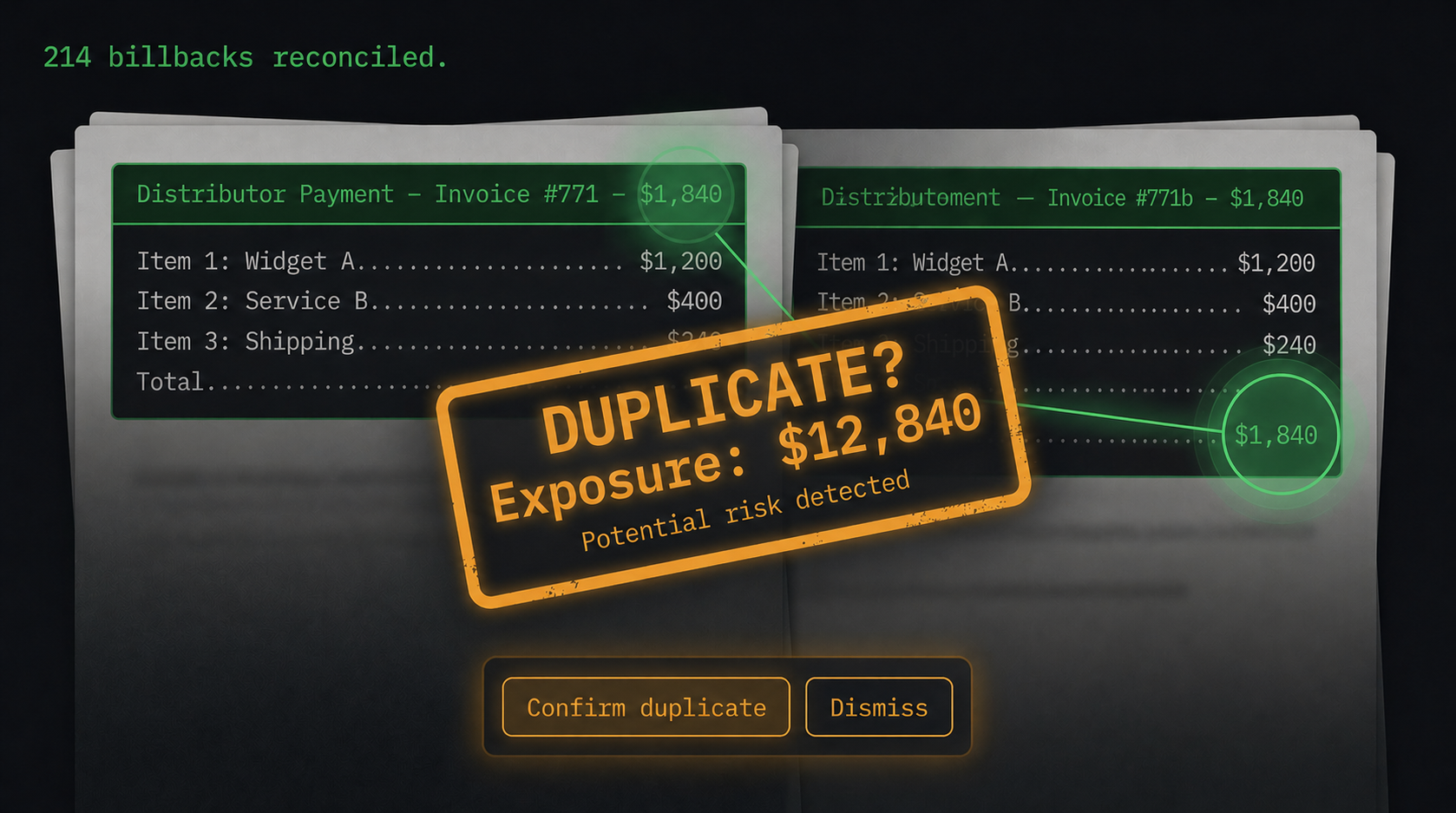 Billback reconciliation dashboard showing duplicate payment detection