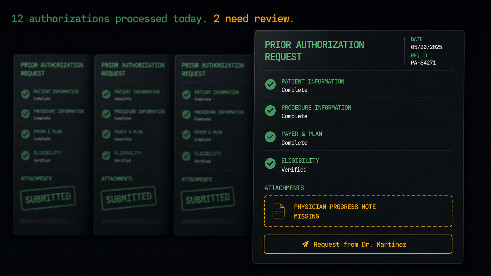 Prior authorization dashboard showing form status and missing attachments