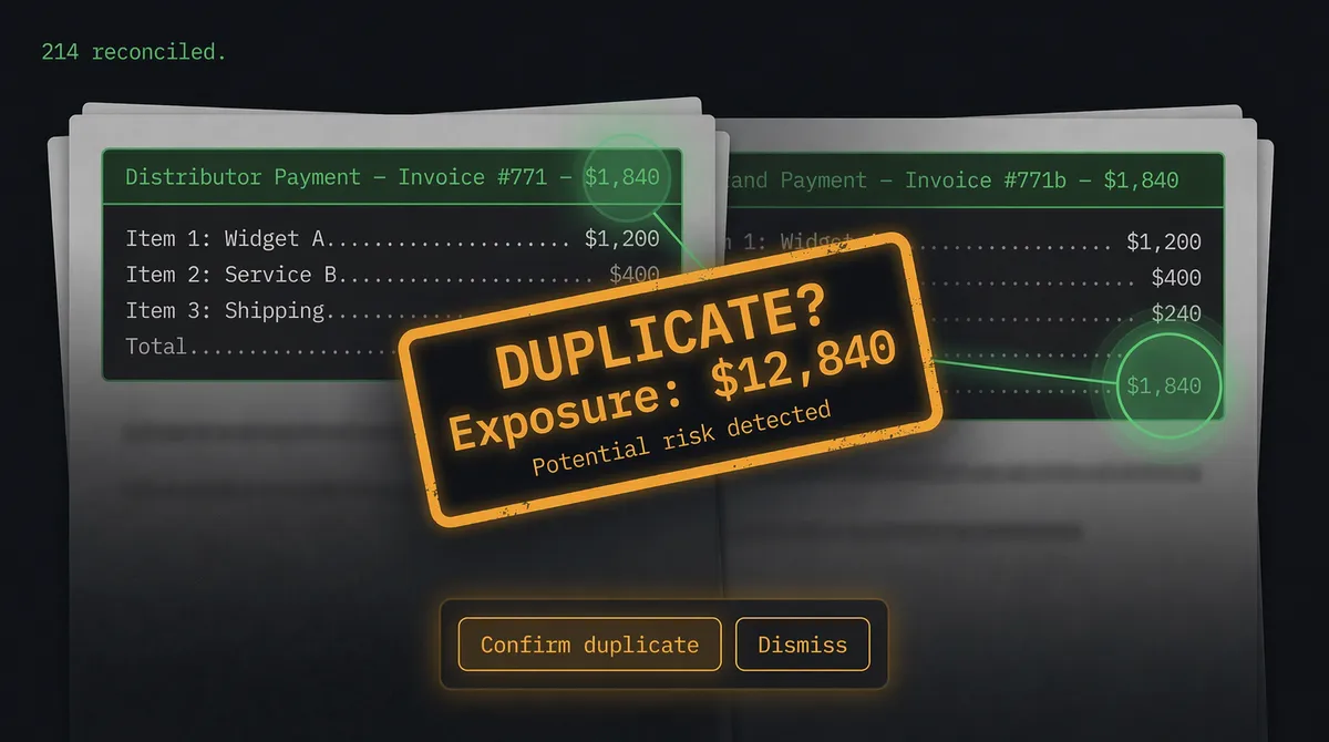 Billback reconciliation - Duplicate detection across distributor and brand payments