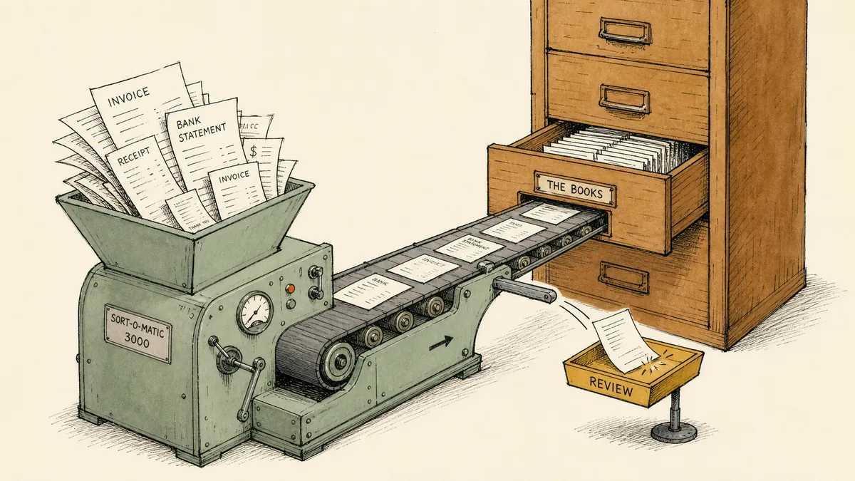 A sage-green sorting machine feeding a stack of invoices and statements into a rust-colored filing cabinet drawer labeled THE BOOKS, with one document kicked sideways onto an amber REVIEW tray.