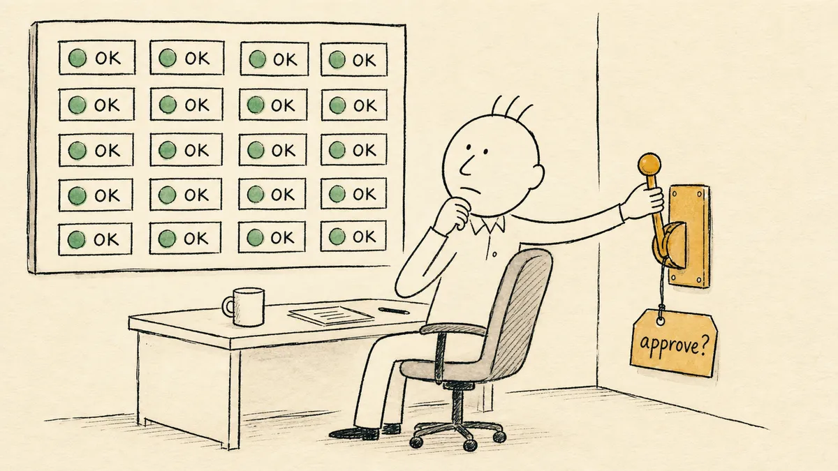 A bald cartoon man with three hairs sticking up turning away from a wall of green status lights to rest his hand on a single amber lever tagged approve, as if the lights cannot answer what the lever asks.