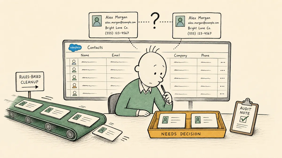 A bald cartoon man at a desk watching clean records run off a green conveyor belt on his left while two near-identical contact cards joined by a question mark wait on an amber decision tray on his right with an audit clipboard beside them.