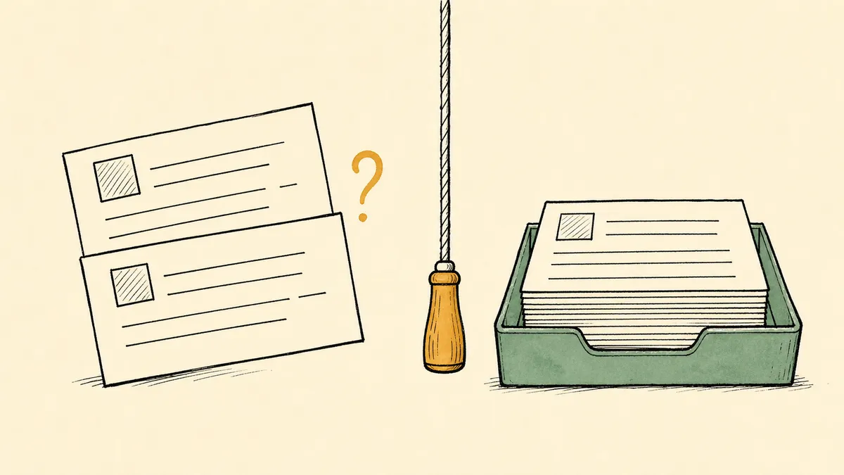 Two nearly identical paper contact cards overlap with an amber question mark between them and an amber pull-cord beside them, while a separate sage green tray holds a clean aligned stack, showing the ambiguous duplicate that stops the line for a human.
