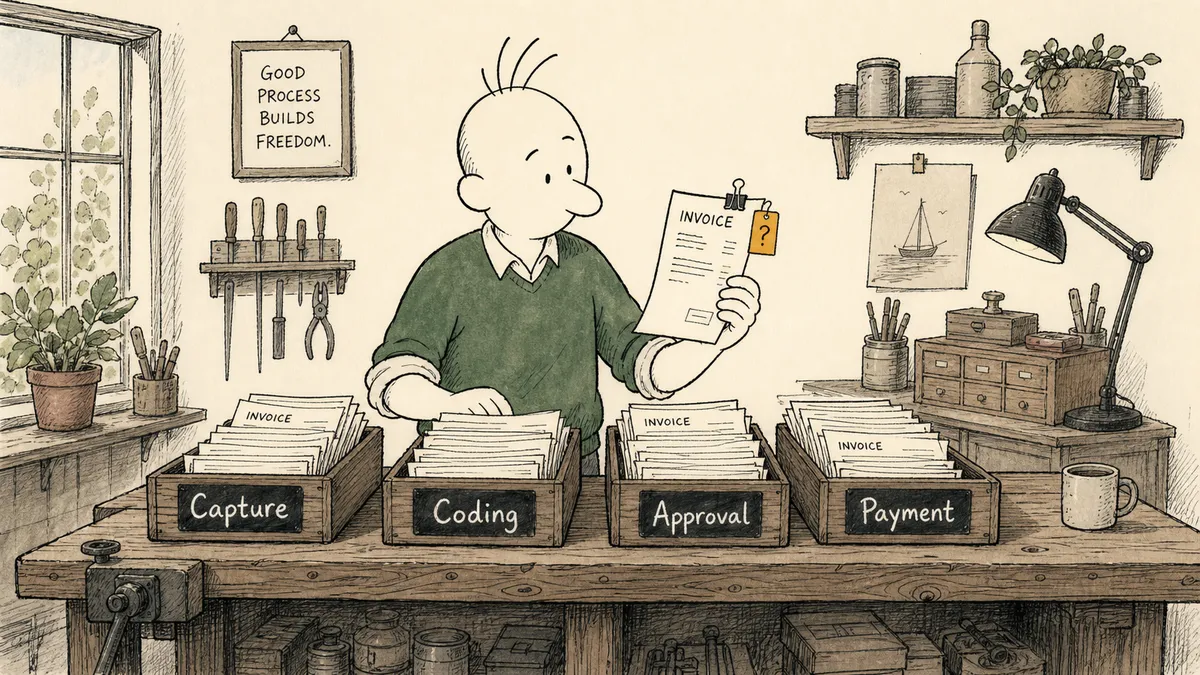 A bald cartoon man with three hairs sticking up at a small workshop bench, sorting invoices into four labeled bins (capture, coding, approval, payment) and holding back one invoice marked with an amber tag for closer examination.