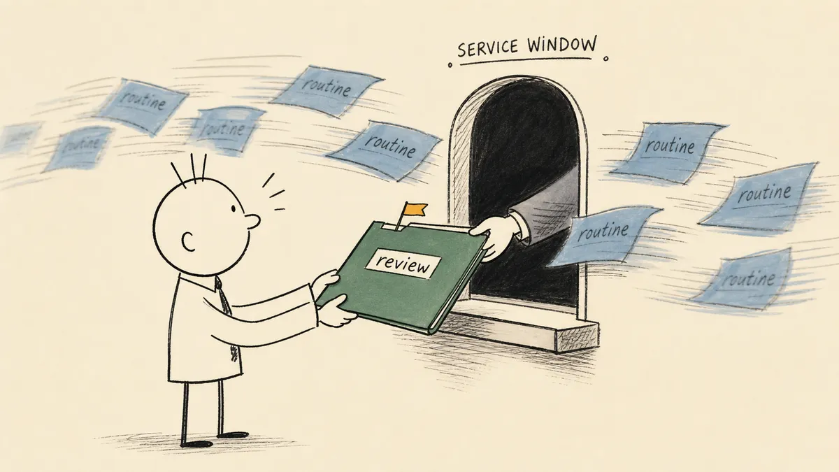 A bald cartoon man with three hairs sticking up at a service window receiving one amber-flagged folder labeled review, while faded routine paper slips stream past on their own in the background.