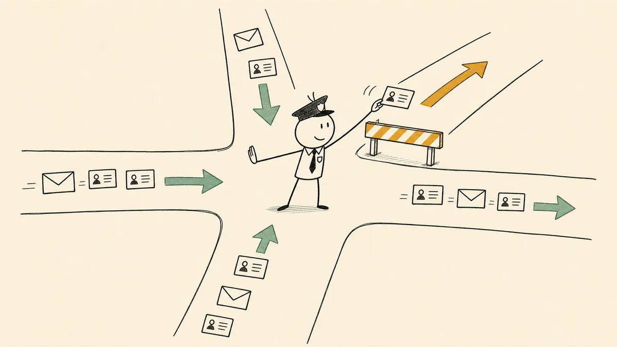 Cartoon traffic cop at a four-way intersection waving most arriving leads down three automated sage-green lanes while personally directing one lead down an amber-barriered lane by hand.