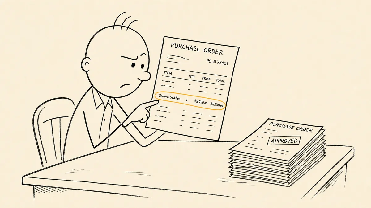 A bald cartoon man with three hairs sticking up at his desk, holding a purchase order and pointing at one circled amber line item, with a stack of approved purchase orders sitting untouched beside him.