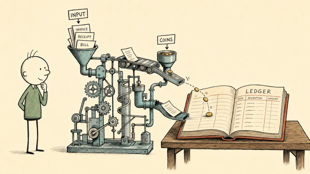 A bald cartoon man watching a Rube-Goldberg contraption of teal pipes and gears feeding paper documents into a rust-colored ledger book, the orchestrated flow from intake to entry.