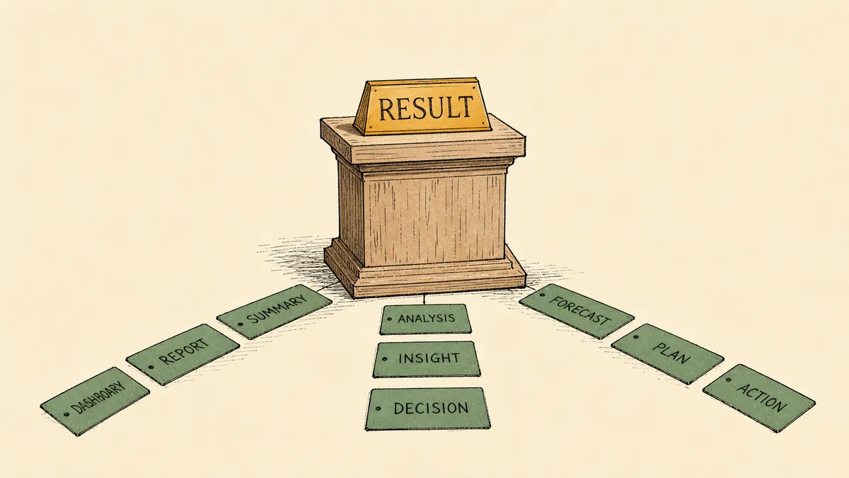 A small pedestal at center holding an ochre nameplate labeled RESULT, with three rows of green structured tags fanning out from the base, the named output and the labeled fields that follow from it.