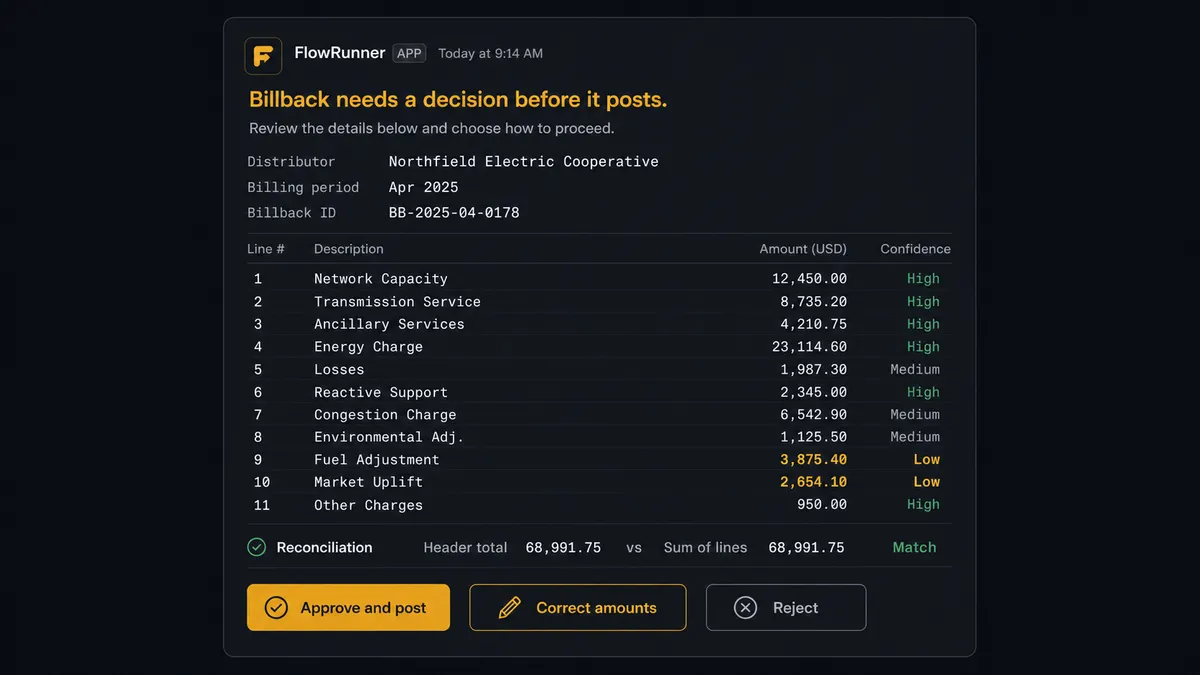 Slack review card posted by FlowRunner for a billback needing a decision
