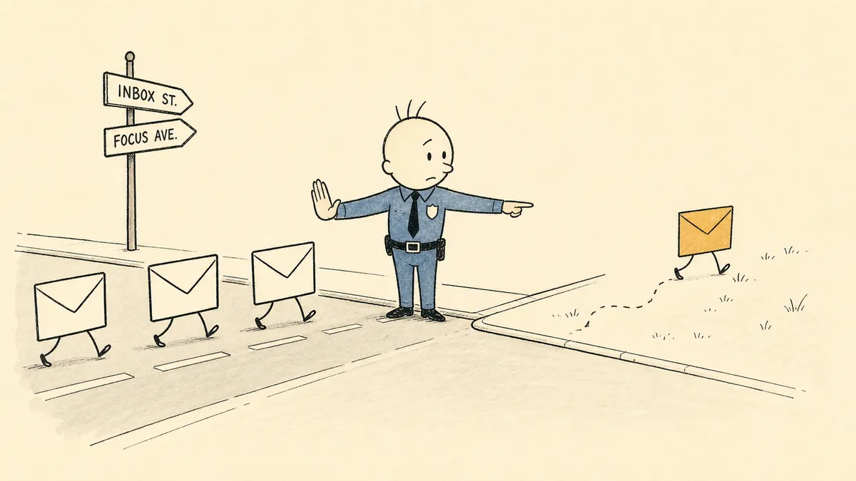 A bald cartoon traffic cop in dusty blue directing little envelope figures down assigned streets, with one amber envelope wandering off the road that he has just noticed.