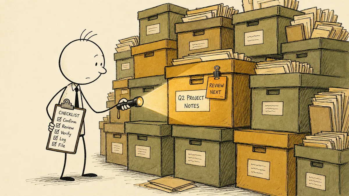 A bald cartoon inspector with three hairs sticking up holding a clipboard and a small flashlight, examining one amber-tagged box on a wall of stacked file boxes labeled with control names.