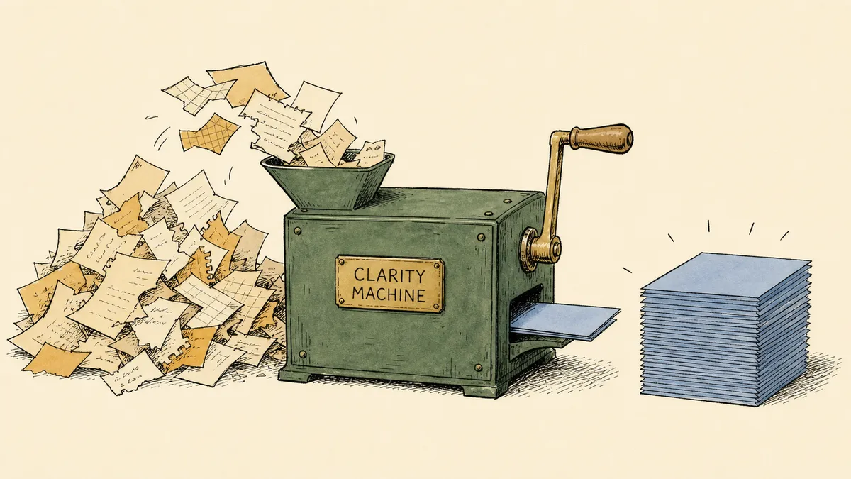 A hand-cranked machine in muted forest green with a chaotic pile of amber paper scraps tumbling in on the left and a clean stack of dusty blue ordered sheets coming out on the right, the transformation rendered as a workshop mechanism.