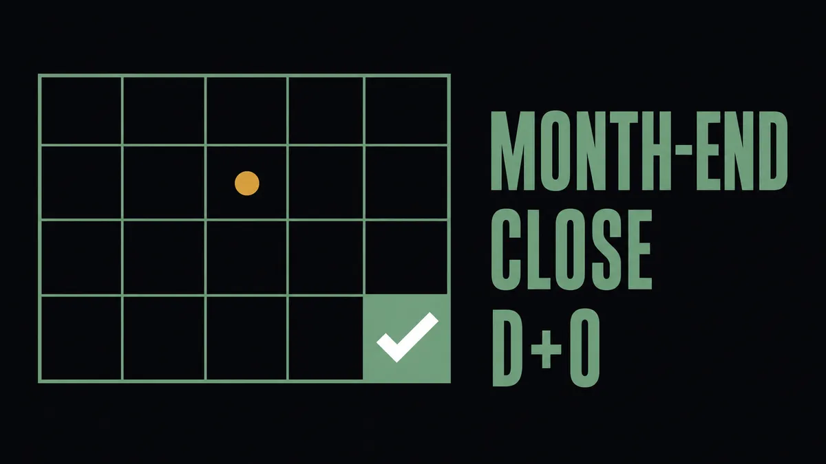 Bold concept hero: a calendar grid with one filled and checkmarked cell beside large mono-caps text reading MONTH-END CLOSE D+0, with a single amber alert dot in one mid-grid cell.