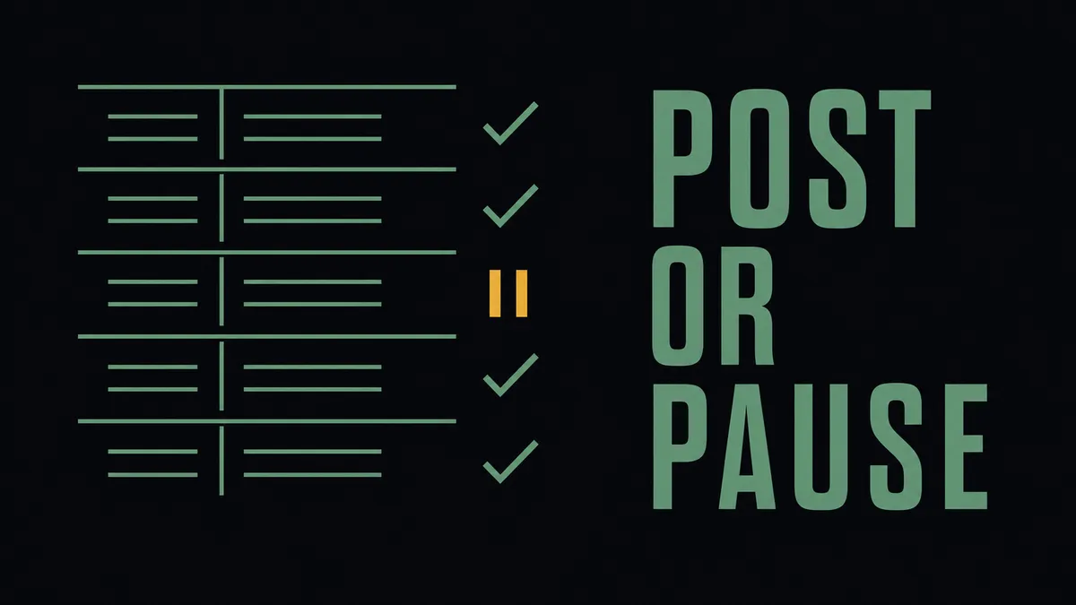 Bold concept hero: a stack of ledger lines with four marked posted in sage green and one held by an amber pause glyph, beside large mono-caps text reading POST OR PAUSE.