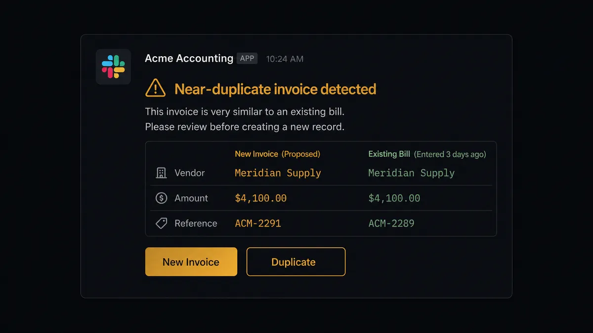 A Slack message showing a near-duplicate invoice alert