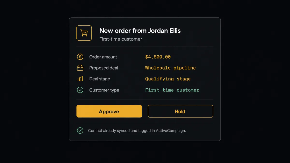 A Slack-style approval card on a dark background reading "New order from Jordan Ellis, $4,800