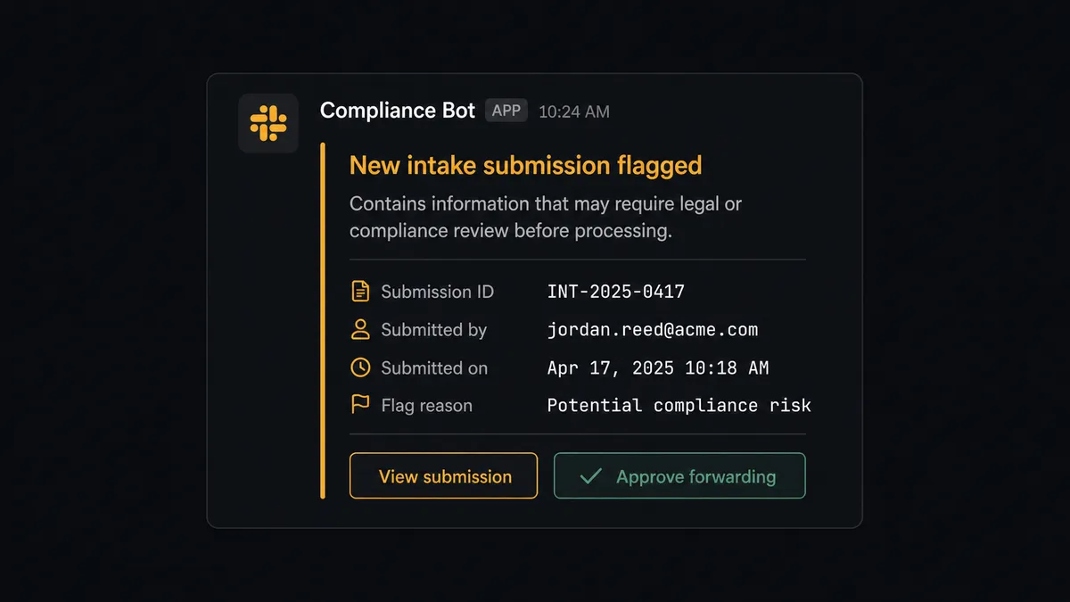 A Slack message card on a dark background showing a compliance review request