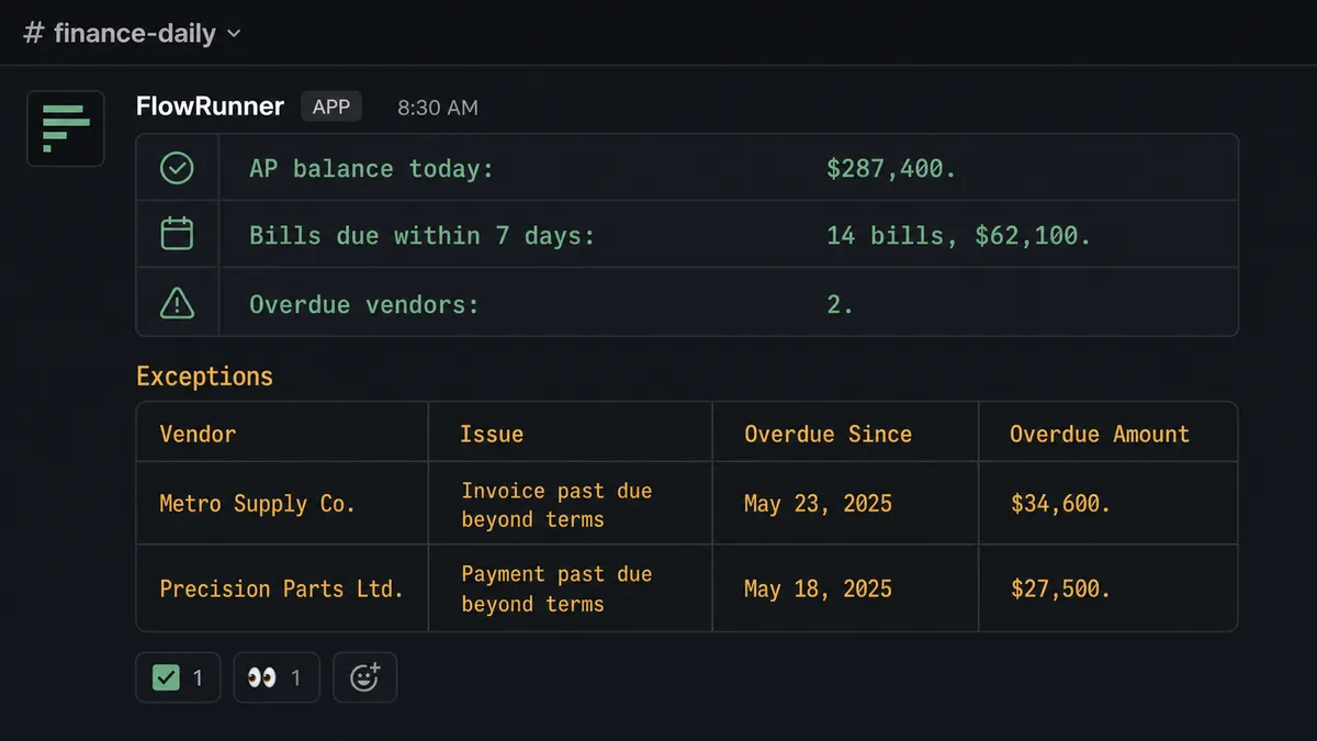 A dark channel message in a Slack-style layout, posted by FlowRunner to #finance-daily