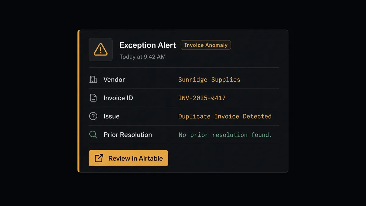 A dark Slack-style direct message card on a #0C0E12 field with an amber left border, showing an exception alert with an issue type label, a vendor name, the line "No prior resolution found," and a button labeled "Review in Airtable