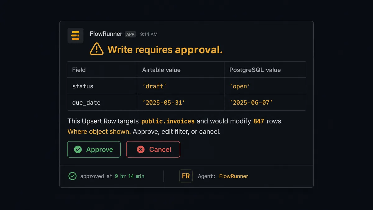 Dark Slack-style message card from FlowRunner
