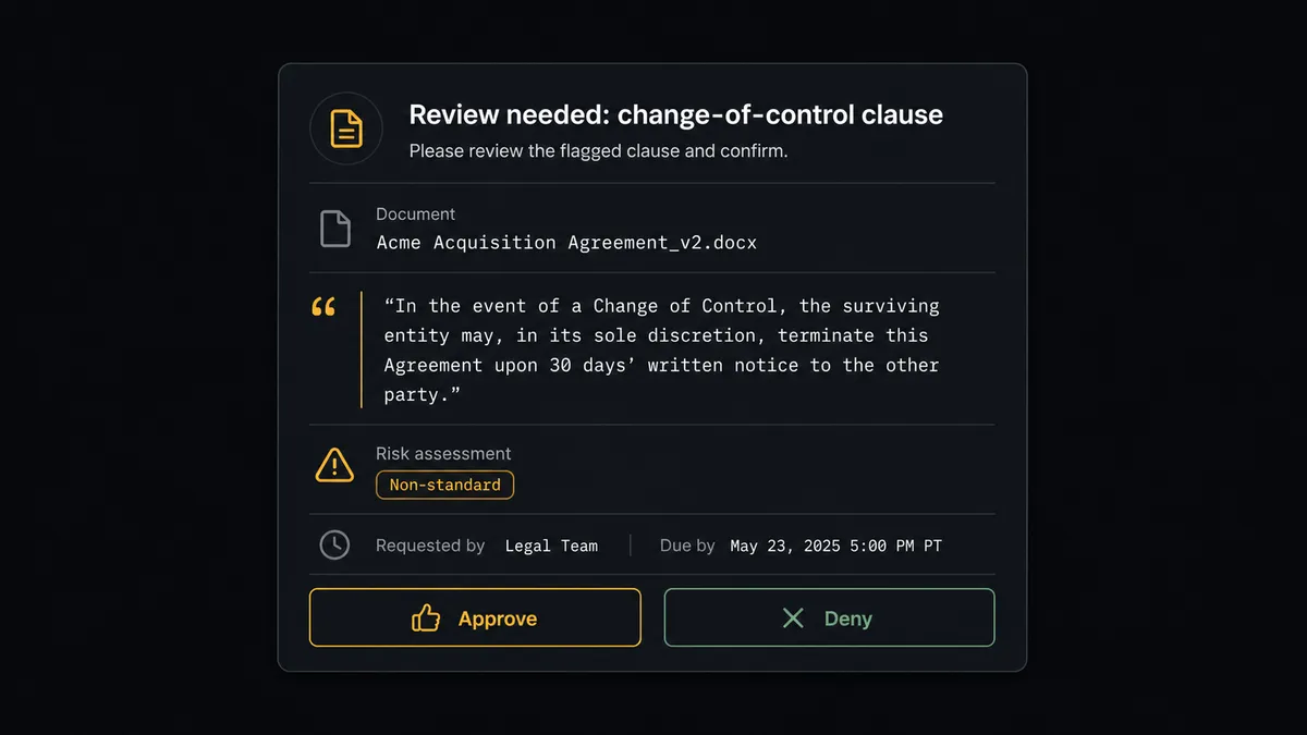 A dark Slack-style notification card titled "Review needed: change-of-control clause" showing a document name, a quoted contract passage, a risk badge reading "Non-standard," and two buttons labeled "Approve" and "Deny