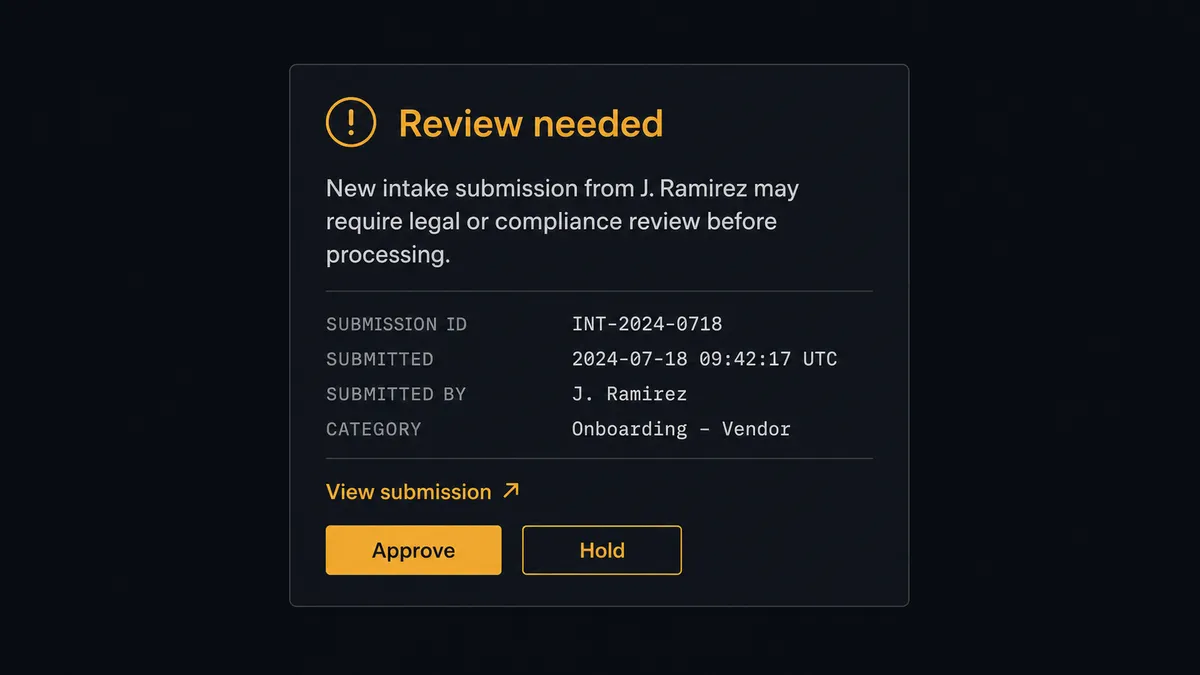 A Slack message card on a dark background titled "Review needed" reads: "New intake submission from J