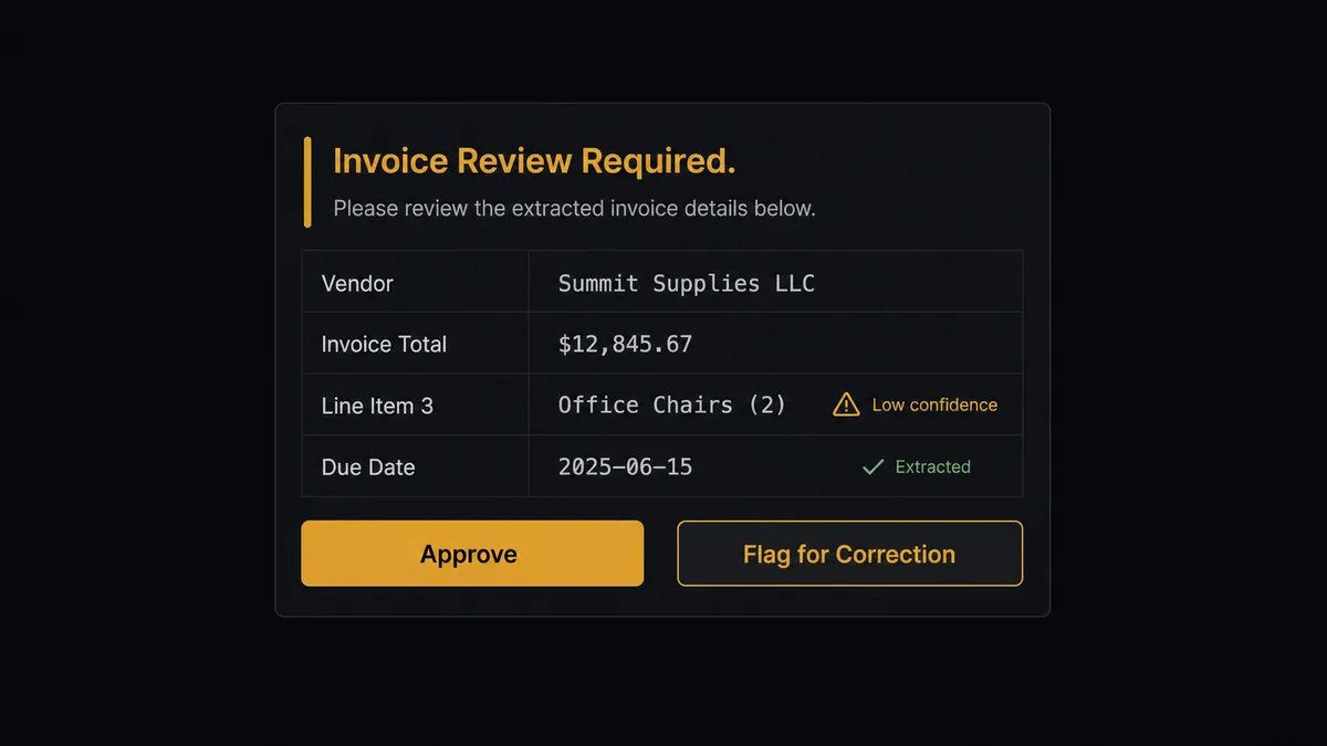 A dark Slack message card with a header reading "Invoice Review Required