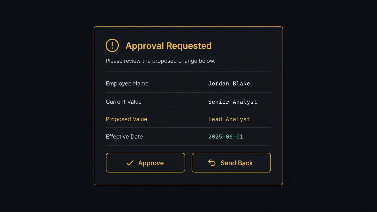 A dark approval message card on a #0C0E12 background