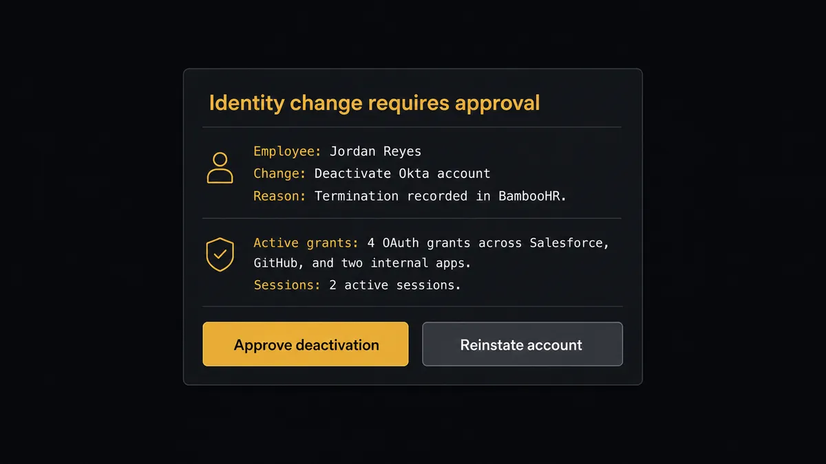 Dark Slack message card with a header reading "Identity change requires approval" and three sections below