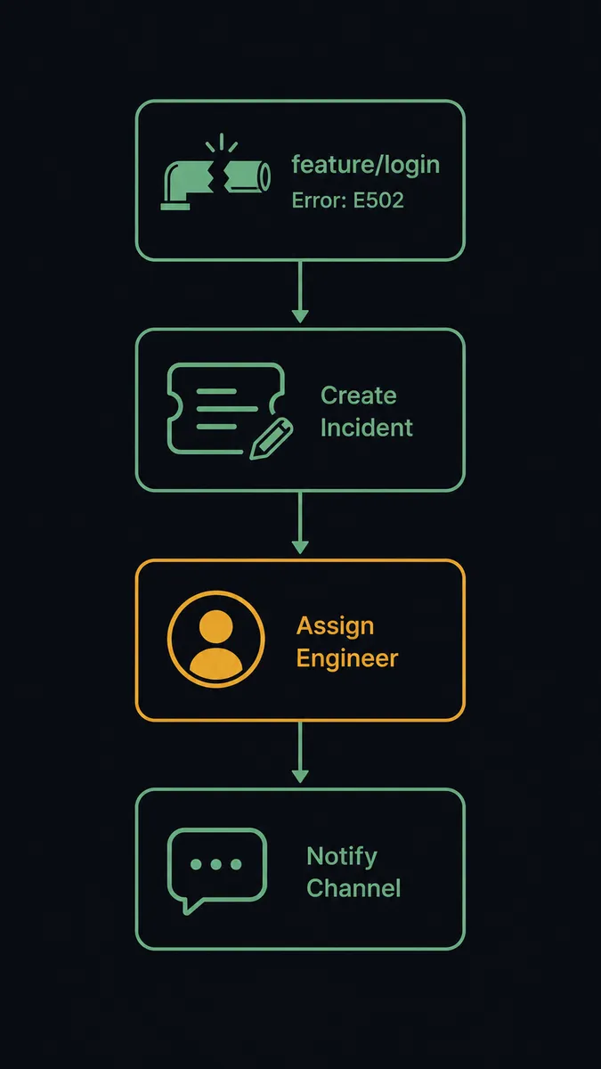 A dark screen shows a vertical sequence of connected nodes: a broken pipeline icon at the top labeled with a branch name and error code, an arrow down to a ticket-shaped node being filled with fields, an arrow down to an assignee avatar, and an arrow down to a chat bubble icon