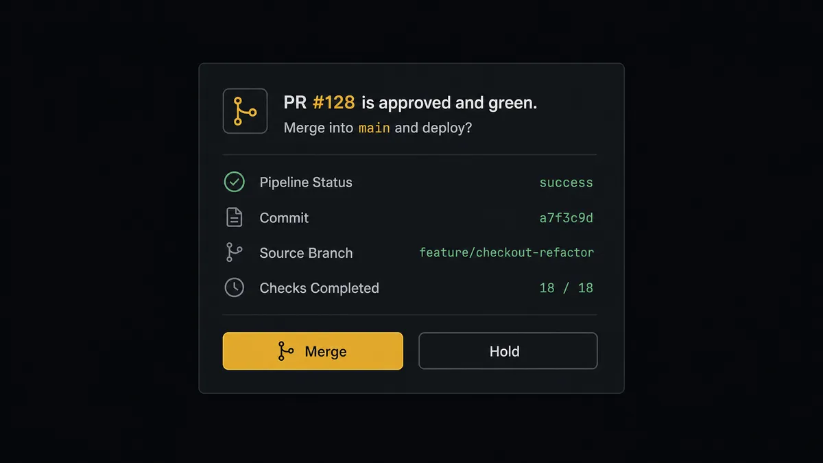 A dark Slack-style message card showing "PR #128 is approved and green