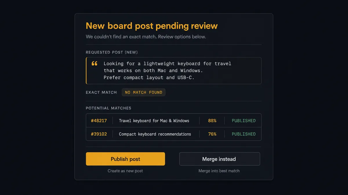 A dark Slack-style approval card on a #0C0E12 field titled "New board post pending review"