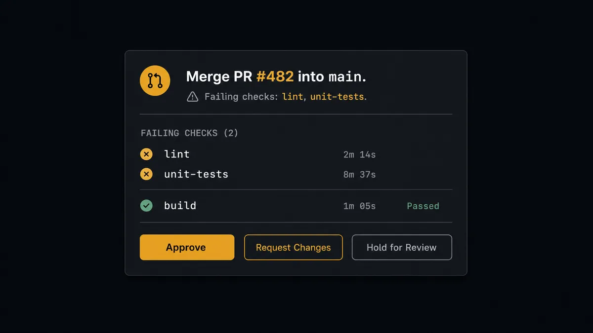 A Slack-style message card on a dark background shows a merge-approval alert: "Merge PR #482 into main