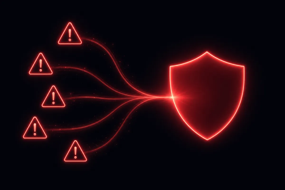 A dark abstract composition showing five separate small alert triangles converging and merging into a single larger solid incident shield icon, drawn with clean line work and soft glow, symbolizing consolidation