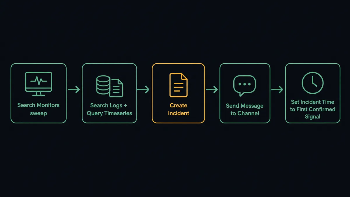 A dark workflow diagram showing five connected nodes left to right: a monitor icon labeled "Search Monitors sweep", an evidence icon labeled "Search Logs + Query Timeseries", a document icon labeled "Create Incident", a chat bubble icon labeled "Send Message to Channel", and a small clock icon showing the incident timestamp starting at the first confirmed signal instead of after a delay