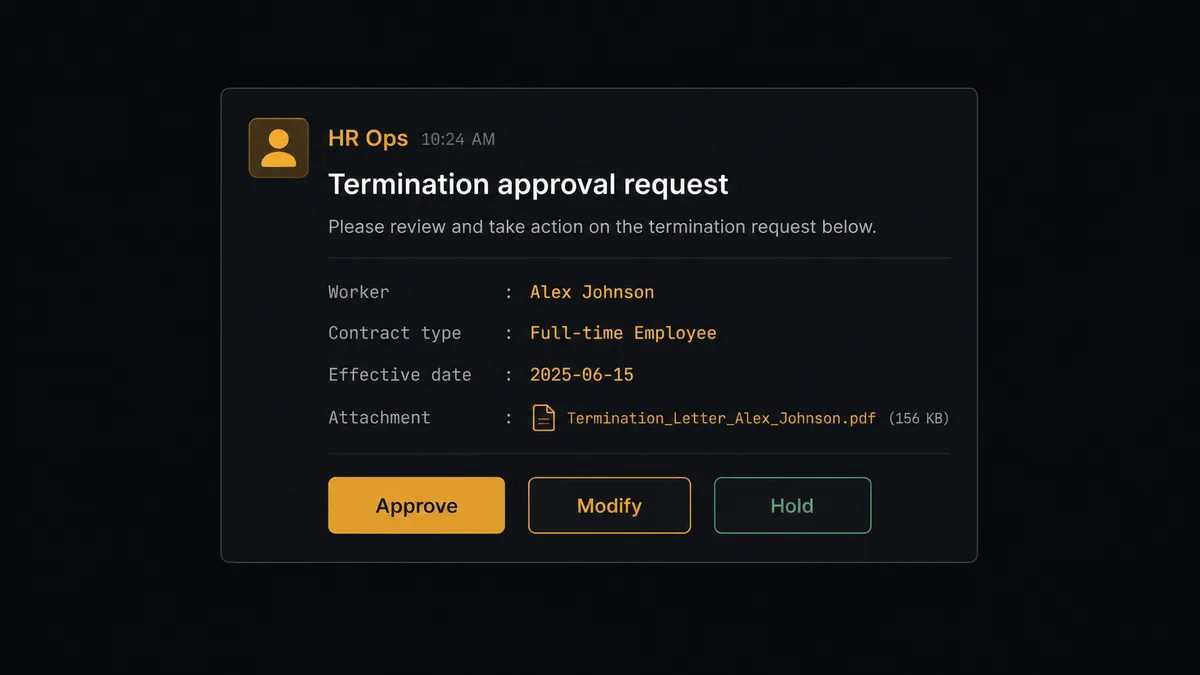 A Slack message card on a dark background shows a termination approval request: worker name, contract type, effective date, and a document attachment icon, with three buttons labeled Approve, Modify, and Hold