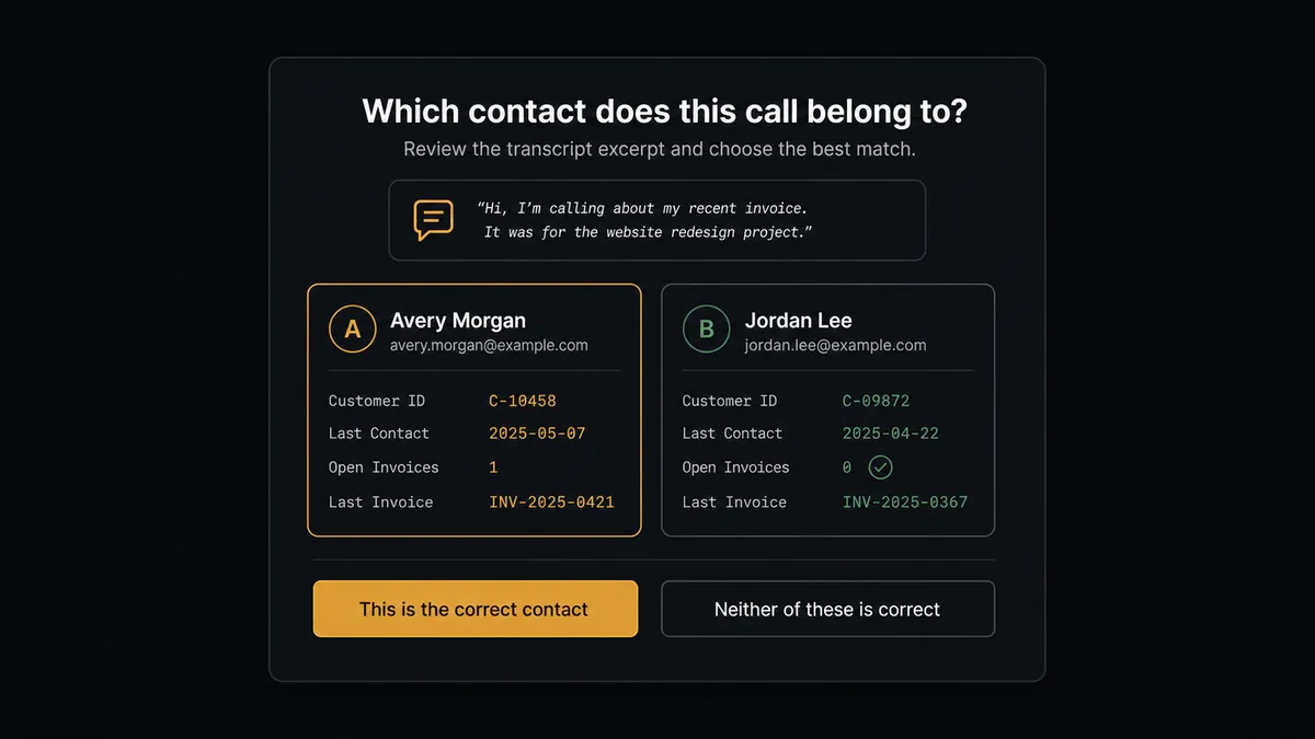 A dark Slack-style approval card on a near-black field titled "Which contact does this call belong to?" showing two contact cards side by side with a small transcript excerpt icon above them and two response buttons below labeled with generic option text