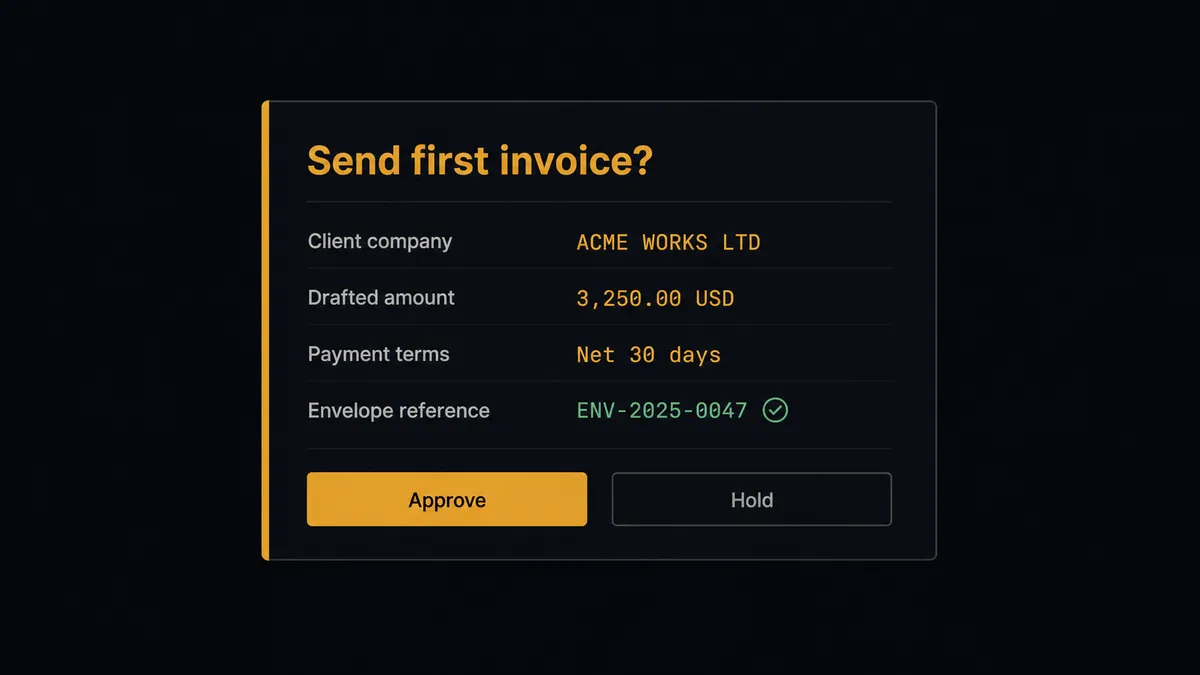A dark approval card on a #0C0E12 field, styled like a chat message with an amber left border