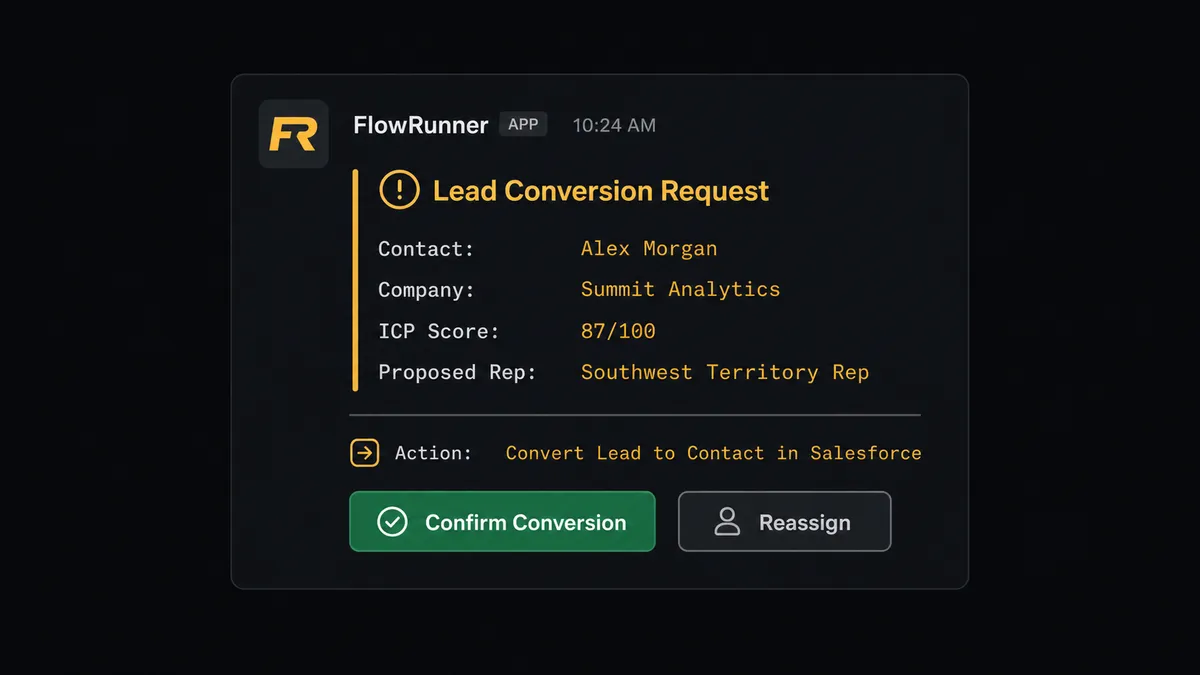 Dark Slack message card showing an approval request from FlowRunner