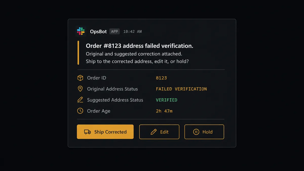 A Slack message card on a dark background reads "Order #8123 address failed verification