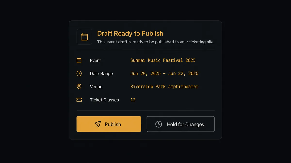 A dark Slack approval card titled "Draft Ready to Publish" shows an event name, a date range, a venue, and a ticket class count, with two buttons labeled "Publish" and "Hold for Changes