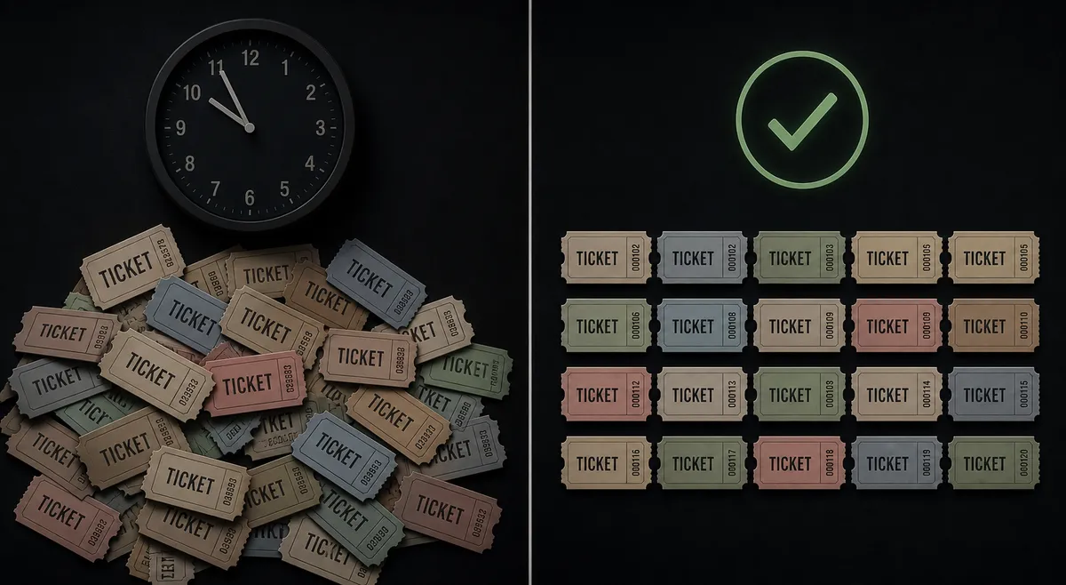 A dark split composition, left side showing a cluttered pile of paper ticket icons under a clock reading a late time, right side showing the same tickets arranged in a clean ordered grid with a checkmark, divided by a thin vertical line down the center