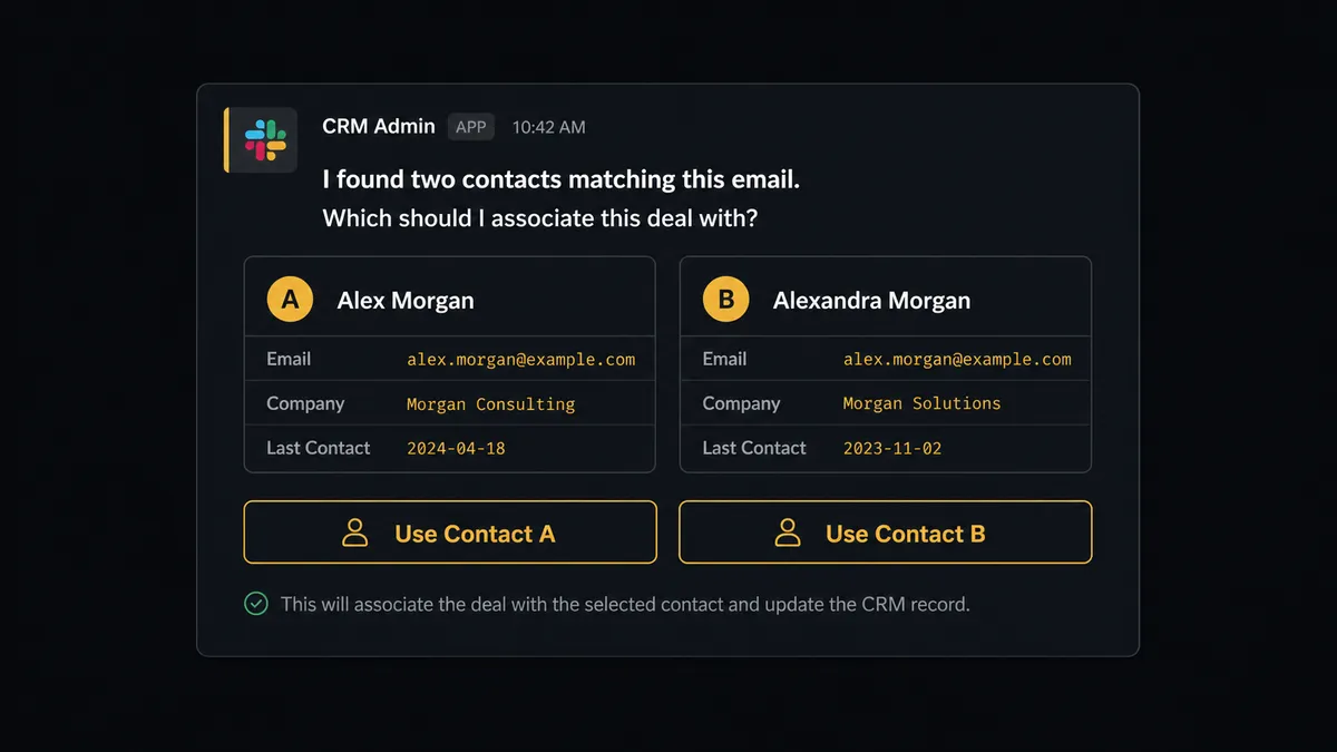 A Slack message card on a dark background shows a CRM admin alert: "I found two contacts matching this email