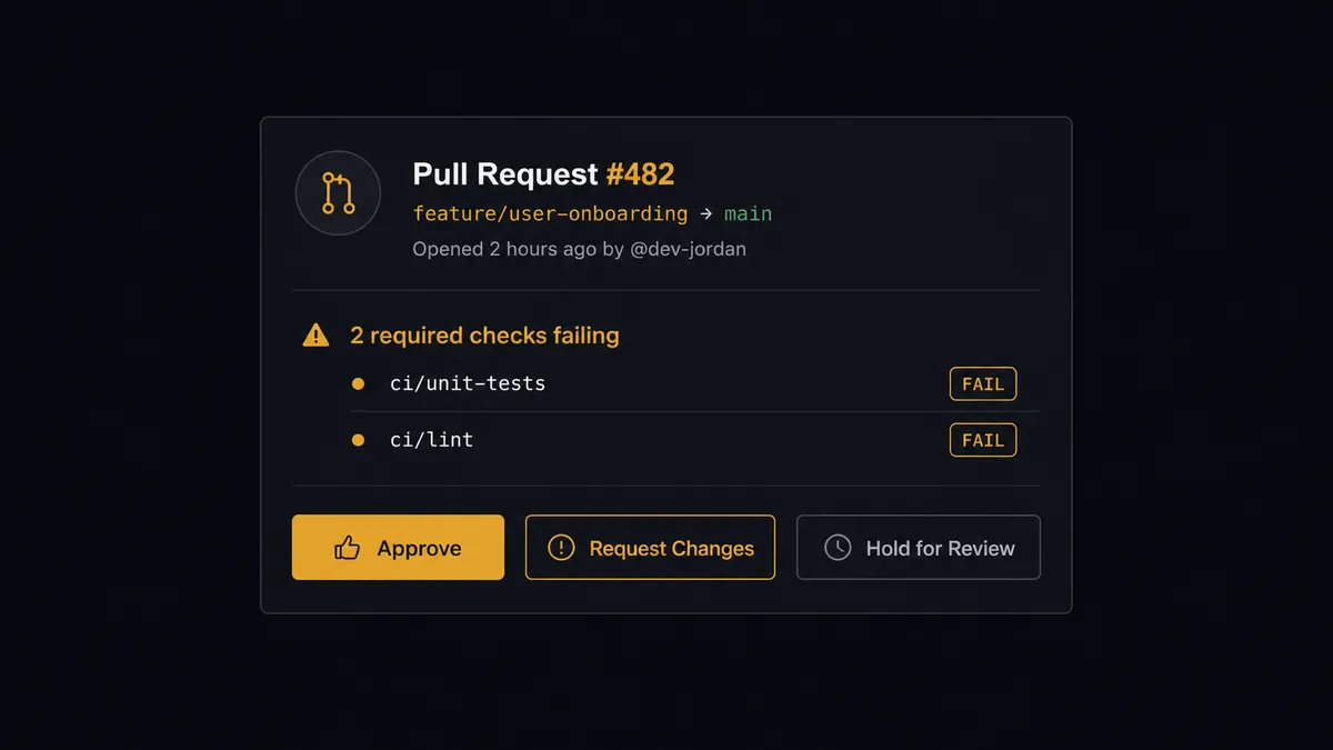 A Slack-style notification card on a dark interface showing a pull request alert: PR number and branch name at the top, a list of two failing check names, and three buttons labeled Approve, Request Changes, and Hold for Review