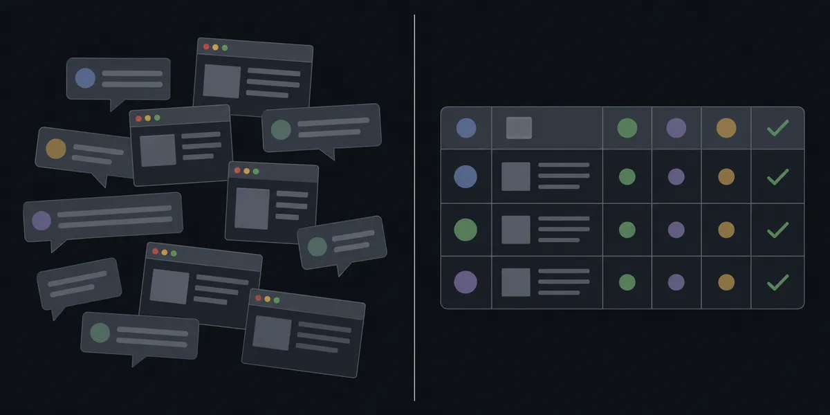 A split composition on a dark background: left half shows a tangle of disconnected chat bubbles and browser tabs in dim gray; right half shows the same information reorganized into three clean, ruled spreadsheet rows with checkmarks