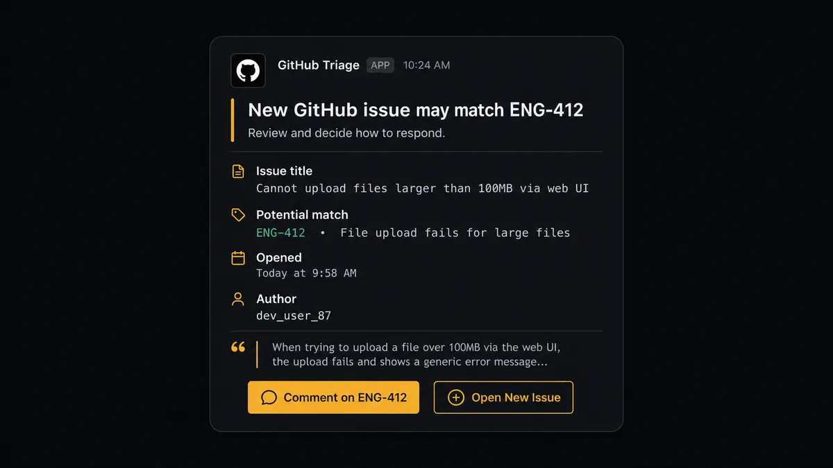 A Slack-style message card on a dark background shows a triage alert: "New GitHub issue may match ENG-412" with a short excerpt of the issue text, and two buttons labeled "Comment on ENG-412" and "Open New Issue"