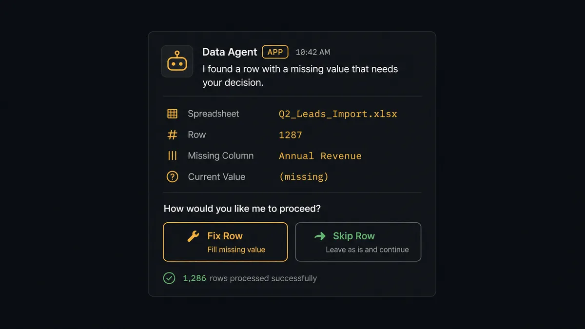 A Slack-style notification card on a dark background showing a message from an automation agent naming a specific spreadsheet row and a missing column value, with two response options to fix or skip the row