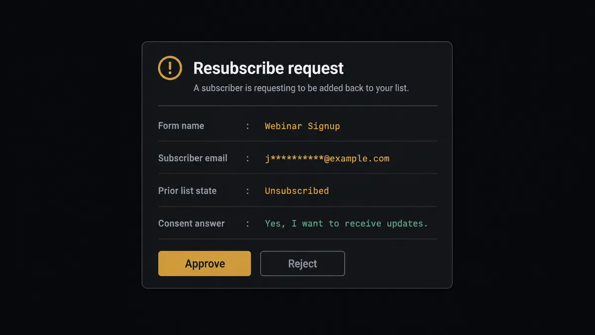 A dark Slack-style approval card on a #0C0E12 field titled "Resubscribe request"
